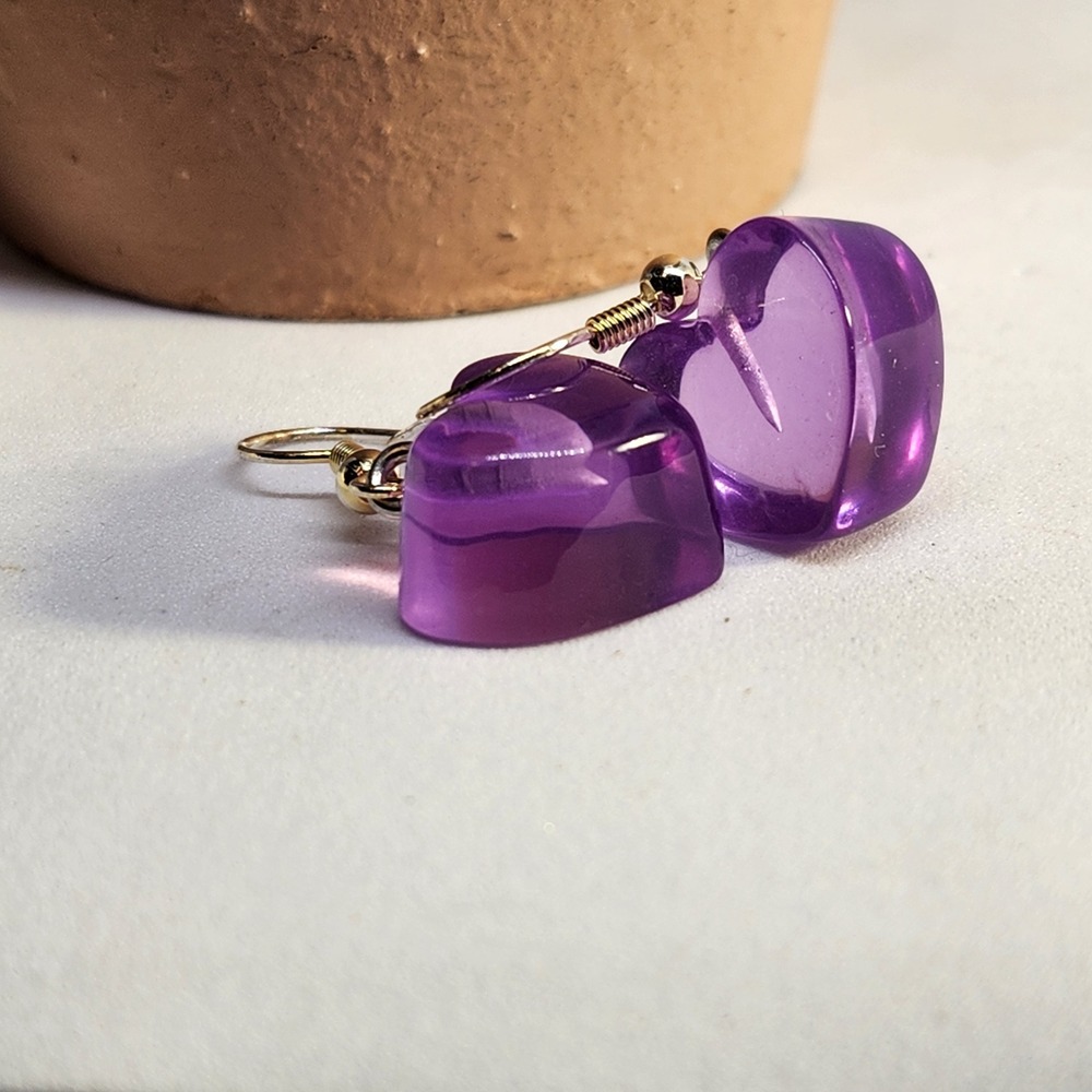 Handmade Purple Jelly Translucent Heart Dangle Drop Earrings 1.5 inches NEW‎